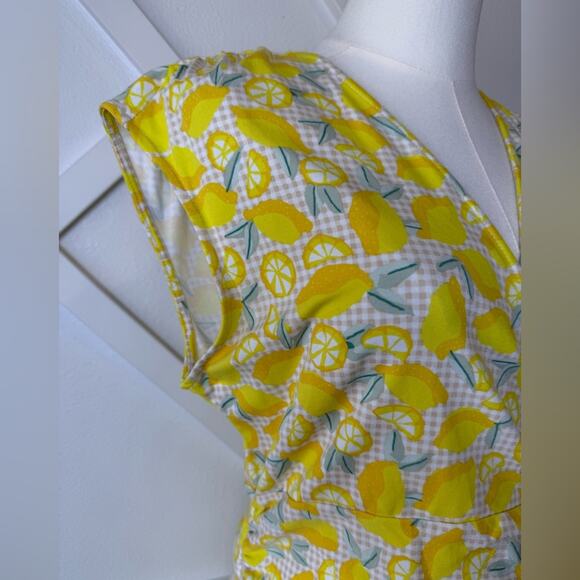 Lands’ End V-Neck Gathered Faux-Wrap Dress In Yellow Lemon Check Size Medium - Picture 4 of 9